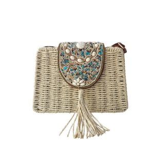 Τσαντάκι ψάθινο boho style μπεζ 02.02805