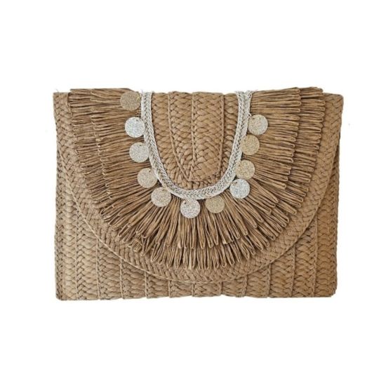 Τσαντάκι φάκελος ψάθινο boho chic καφέ 02.02920